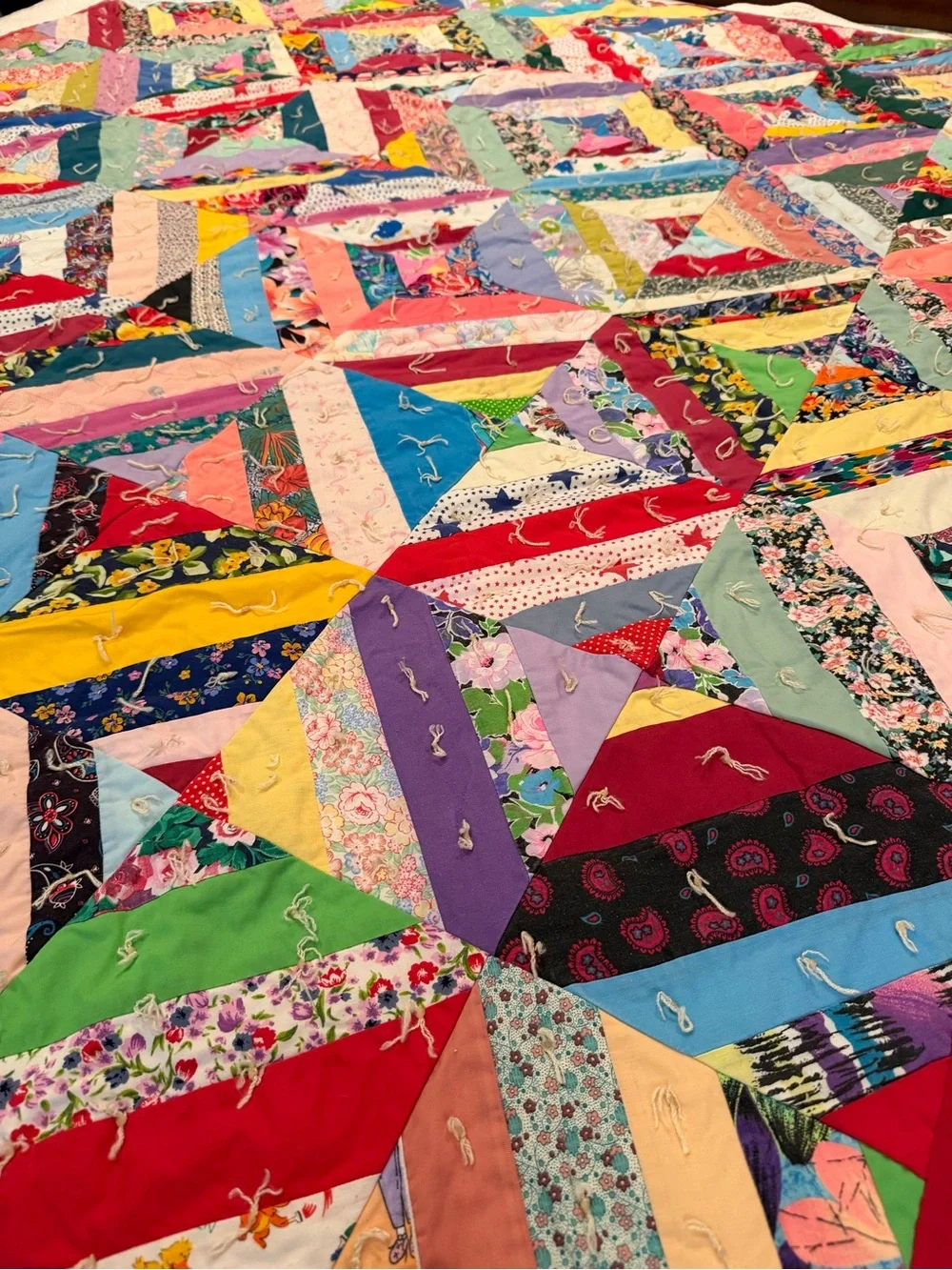 Vintage Multicolor Patchwork crazy quilt hand tied 74”x64” cotton farmhouse